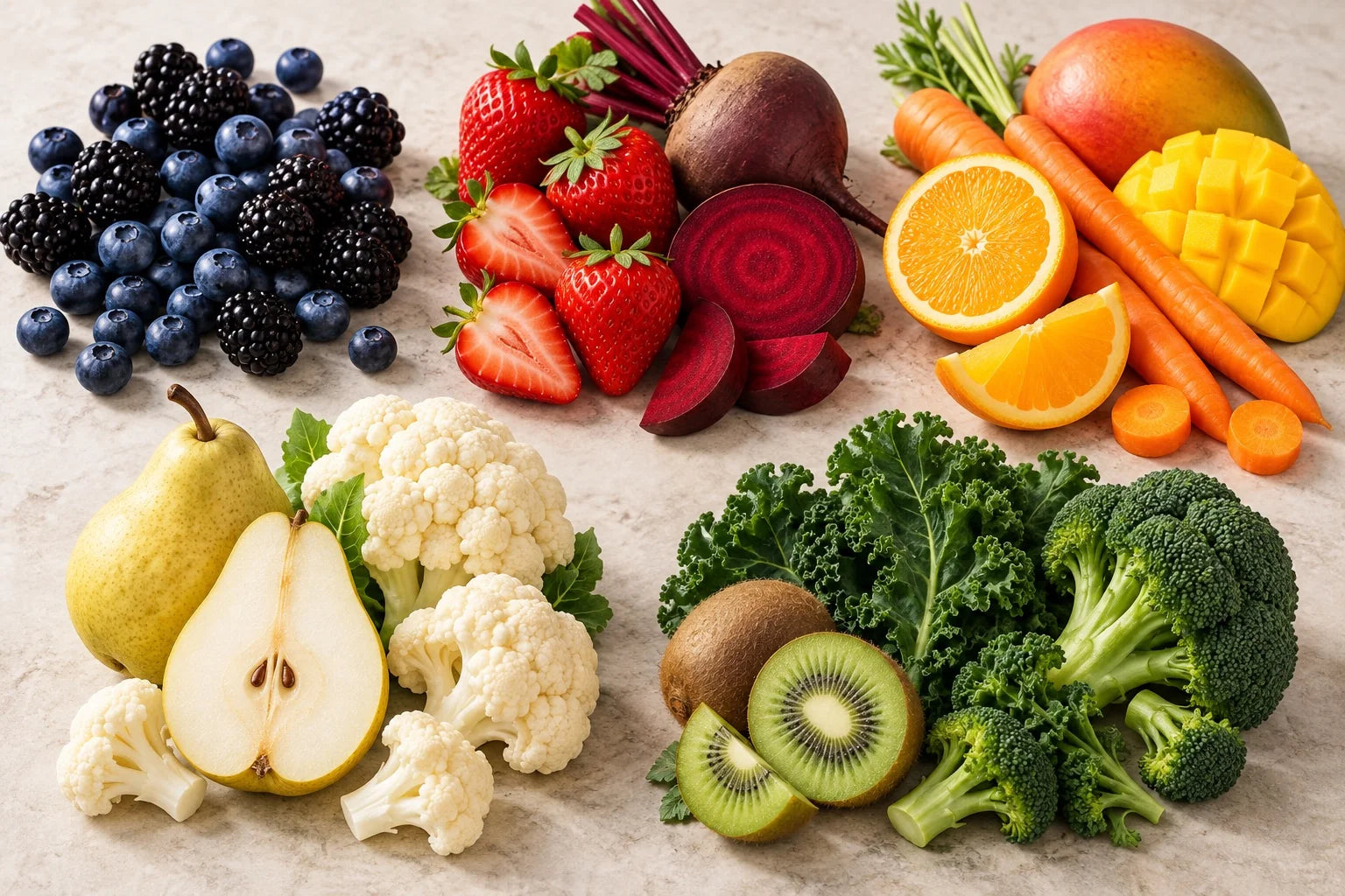 A colorful arrangement of berries, beets, citrus, carrots, pear, cauliflower, kiwi and leafy greens