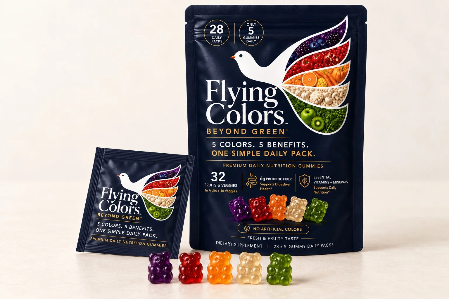 Flying Colors pouch, daily sachet and five gummies