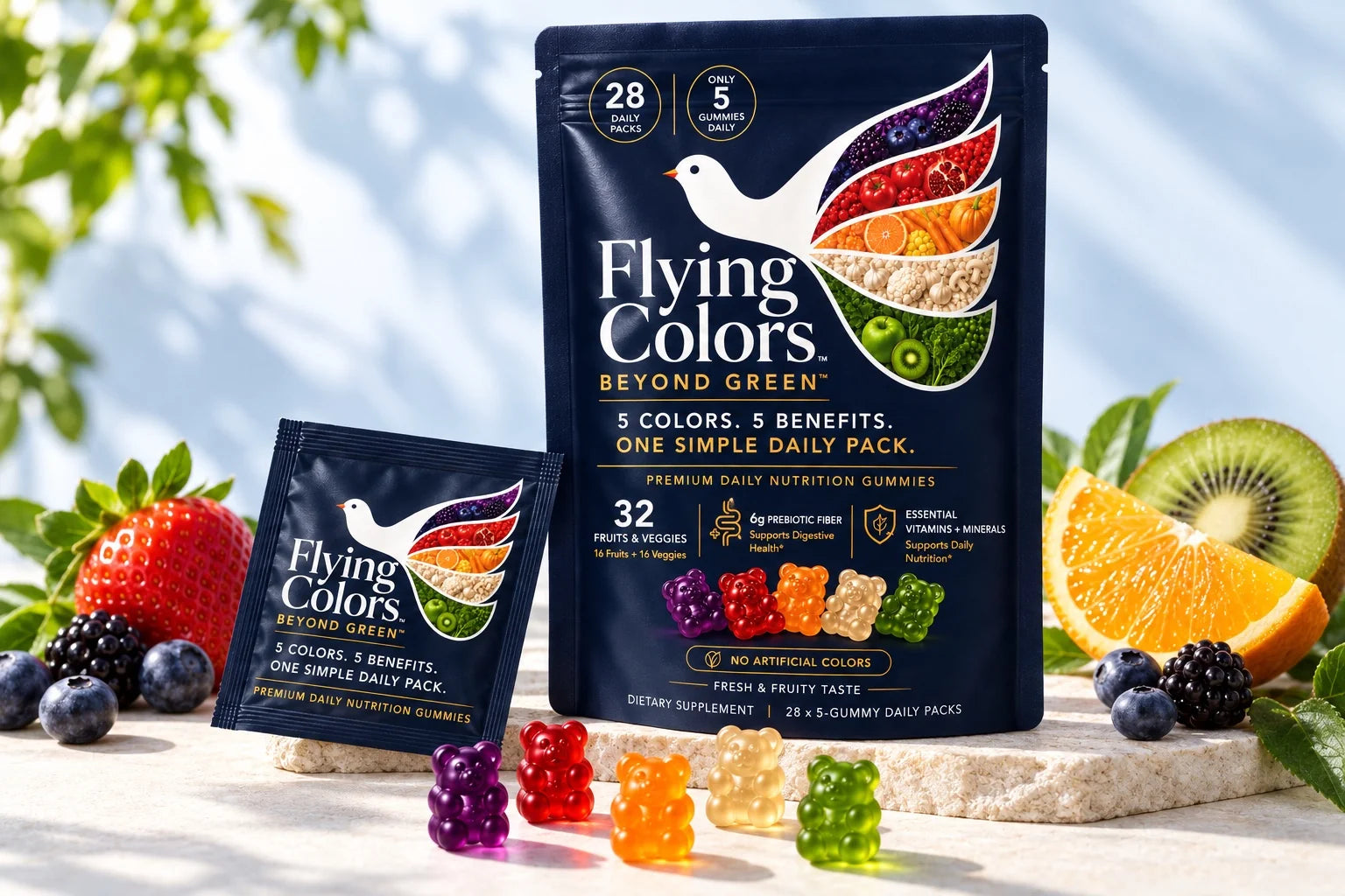 Flying Colors pouch and daily sachet with five colorful gummies, berries, orange and kiwi