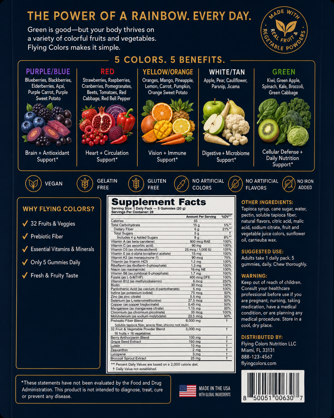 Retail package back showing the five color groups, ingredient list, Supplement Facts, suggested use and product warnings