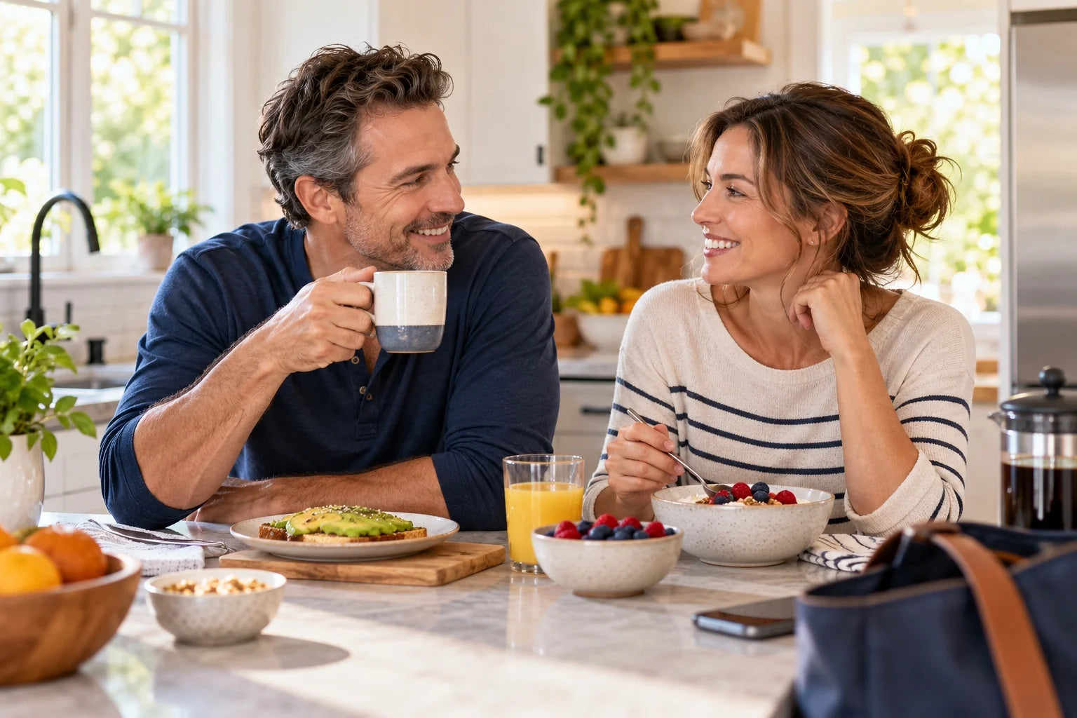 A couple enjoying a colorful breakfast in a bright kitchen